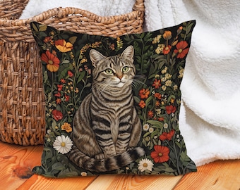 Tabby Cat Floral Throw Pillow Cover Pillowcase for Nature-Inspired Home Decor, Warm Tones, William Morris Art