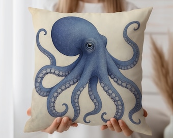 Octopus Throw Pillow Cover with Detailed Nautical Sea Creature Design, Coastal Marine Life Accent for Beach or Ocean Decor
