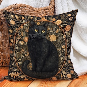 Capa de almofada elegante de gato preto, fronha de gato gótico floral, capa de almofada de algodão e linho para decoração de casa - preto, dourado, bege