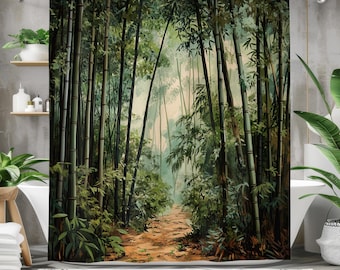 Üppiger Bambuspfad Badvorhang - Natur Badezimmer Dekor - Wasserdichter Stoff Duschvorhang - Serene Green Forest Path Design