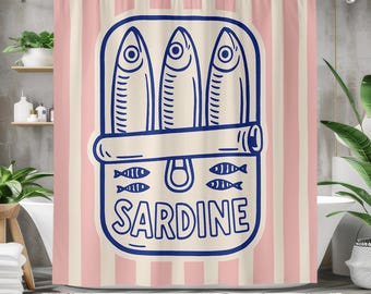 Sardine Shower Curtain – Retro Pink Stripes & Navy Blue Pop Art Design, Waterproof Polyester Fabric, Funny Bathroom Decor, Multi Sizes