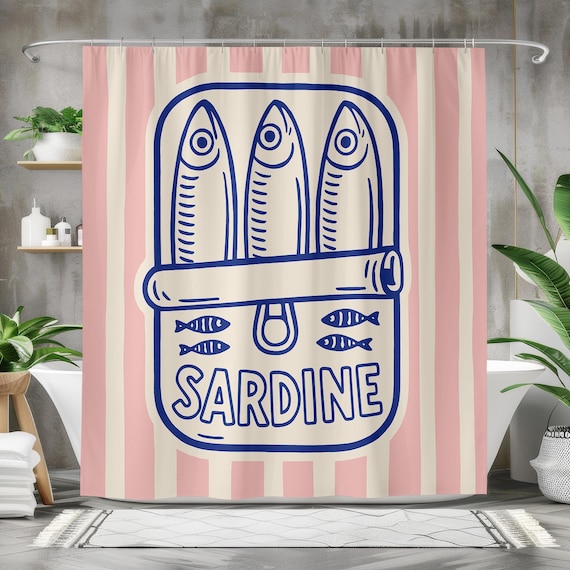 Sardine Shower Curtain – Retro Pink Stripes & Navy Blue Pop Art Design, Waterproof Polyester Fabric, Funny Bathroom Decor, Multi Sizes