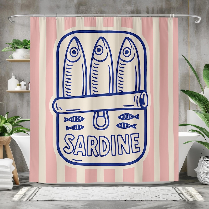 Sardin duschdraperi – Retro rosa ränder och marinblå popkonstdesign, vattentätt polyestertyg, rolig badrumsdekor, flera storlekar bild 1