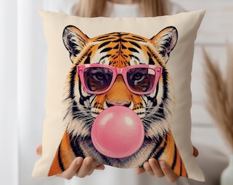 Tiger mit rosa Sonnenbrille Dekokissen-Bezug, Bubble Gum Tier Art, Funky Dschungel-Dekor-Kissen, buntes Geschenk der wild lebenden Tiere, wunderlicher Akzent