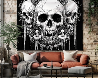 Gothic Skull Tapestry, Black and White Wall Hanging, Dark