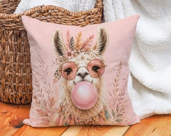 Boho Lama Dekokissen-Abdeckung, rosa Bubble Gum Animal Art, wunderliche Alpaka-Dekor, niedliches Boho Geschenk, Pastell Kinderzimmer Akzent