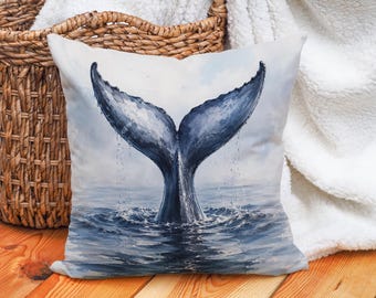 Whale Tailwurf-Kissenbezug, Küstenozean-Dekor, nautischer Strandhaus-Akzent, Meeresleben-Kunstwerk, Seeliebhaber-Geschenk
