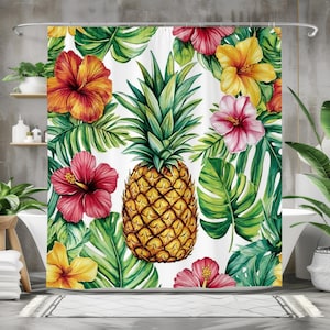 Pineapple Paradise Bath Curtain - Tropical Bathroom Decor - Waterproof Fabric Shower Curtain - Vibrant Hibiscus and Palm Leaves Design