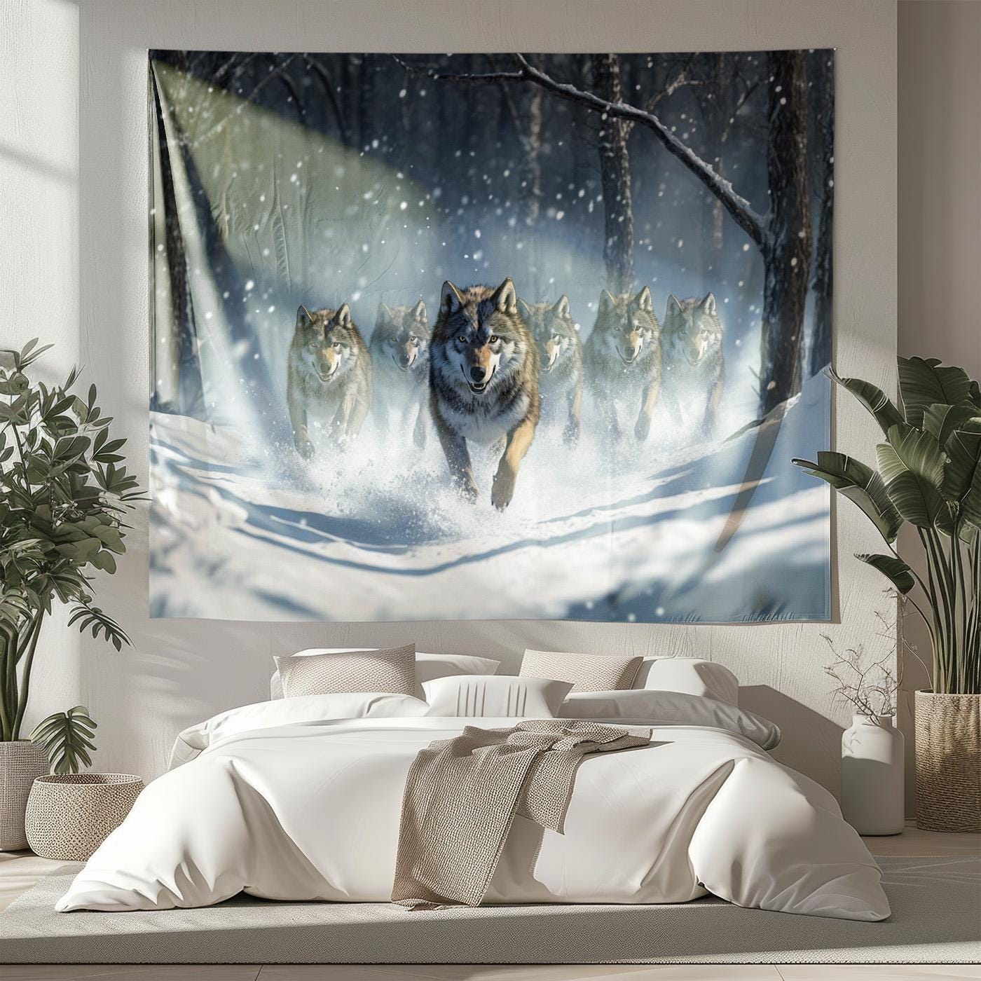 Wolf Pack Tapestry, Running Wolves in Snow Wall Hanging Art, Winter ...