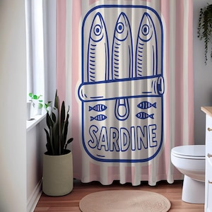 Sardin duschdraperi – Retro rosa ränder och marinblå popkonstdesign, vattentätt polyestertyg, rolig badrumsdekor, flera storlekar bild 2