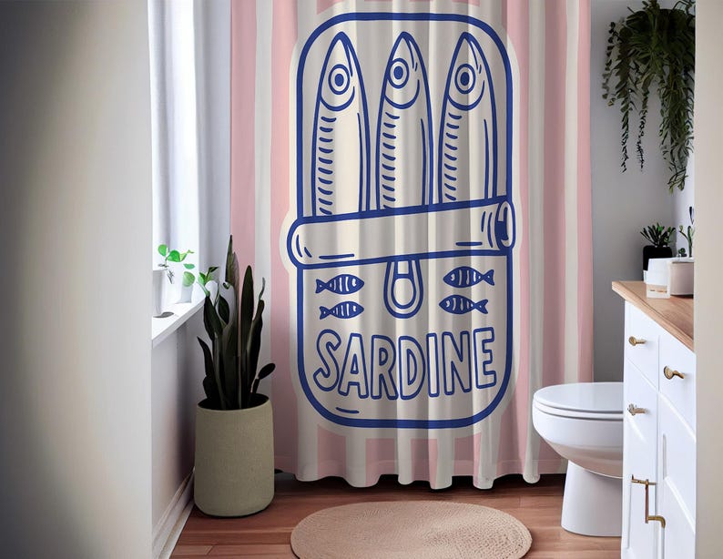Sardin duschdraperi – Retro rosa ränder och marinblå popkonstdesign, vattentätt polyestertyg, rolig badrumsdekor, flera storlekar bild 2