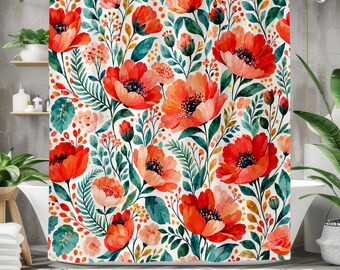 Coral Poppy Shower Curtain, Red Orange Wildflower Bathroom Decor, Watercolor Floral Shower Curtain, Boho Botanical Art, Cottagecore