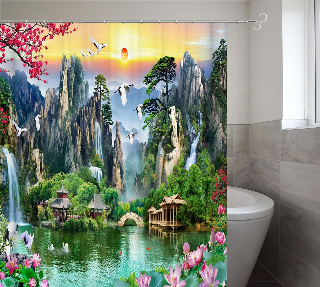 Waterfall Shower Curtain Asian Bath Decor Crane Birds Lotus Etsy
