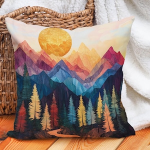 Colorful Mountain Throw Pillow Cover - Cotton Linen Decorative Pillowcase - Sunset Landscape Cushion Cover for Rustic Modern Decor
