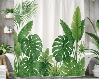 Tropical Leaf Shower Curtain with Green Monstera and Palm Design, Watercolor Jungle Bathroom Decor, Nature Polyester Curtain, Multi Sizes