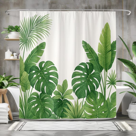 Tropischer Blatt-Duschvorhang mit grner Monstera und Palmen-Design,  Aquarell-Dschungel-Badezimmerdekor, Natur-Polyestervorhang, mehrere Gren  - Etsy sterreich