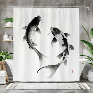 Rideau de douche poissons koi japonais, rideau de bain en tissu imperméable, décoration de salle de bain zen, design art minimaliste noir et blanc
