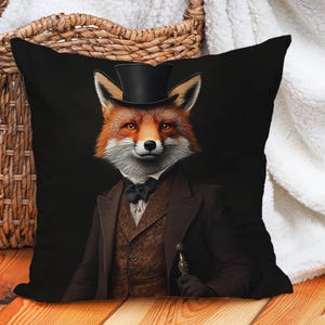 May include: A brown fox wearing a black top hat and a brown suit with a bow tie. The fox is looking directly at the camera.
