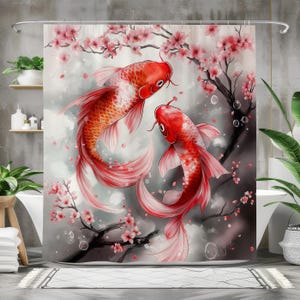 Koi Fish and Cherry Blossoms Waterproof Fabric Shower Curtain, Japanese Zen Garden Bath Curtain, Elegant Bathroom Decor with Oriental Design