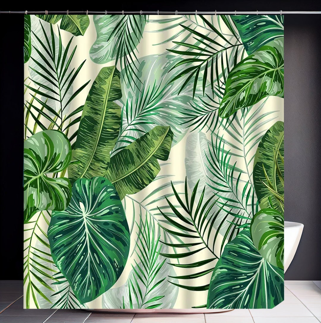 Modern Tropical Shower Curtain Green Leaves Tropical Plants Aesthetic