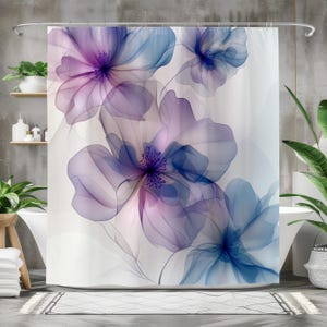 Blue and Purple Flower Shower Curtain, Waterproof Fabric Bath Curtain, Elegant Floral Bathroom Decor, Large Flower Design