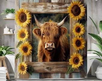 Rideau de douche vache Highland, rideau de bain en tissu imperméable, décoration de salle de bain ferme rustique, design country western tournesol, décoration ferme