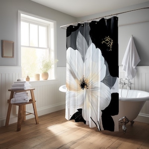 Elegant Black and White Floral Shower Curtain, Modern Minimalist Flower ...