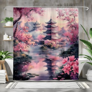 Japanese Shower Curtain, Waterproof Fabric Bath Curtain, Tranquil Garden Bathroom Decor, Cherry Blossom and Lotus Art