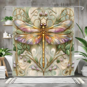 Rideau de douche libellule dorée - Rideau de bain en tissu imperméable, décoration de salle de bain Art nouveau, design élégant, accessoire de maison floral