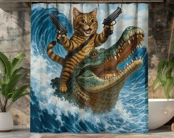 Funny Cat Riding Crocodile Shower Curtain, Epic Bathroom Decor, Wild Animal Humor Print, Cool Gift for Him or Her