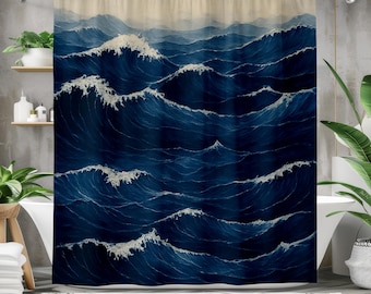 Cortina de ducha con olas oceánicas en azul oscuro: decoración costera para baño, tela impermeable
