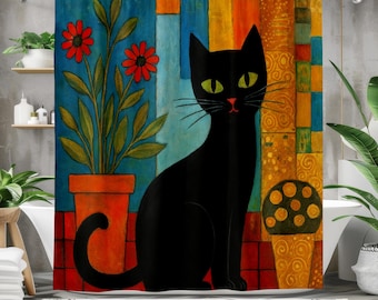 Black Cat Art Shower Curtain, Klimt Style Colorful Bathroom Decor, Bold Retro Boho Vibes, Artistic Cat Lover Gift, Statement Wall Accent