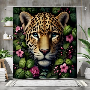 Leopard Jungle Shower Curtain, Bold Animal Print Bathroom Decor, Tropical Floral Fabric Curtain with Wild Cat Art for Safari or Boho Homes