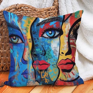 Vibrant Graffiti Face Art Pillow Cover - Cotton Linen Abstract Decorative Pillowcase, Urban Street Art Cushion for Couch, Bed