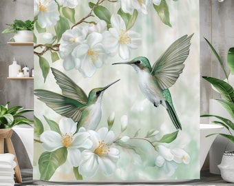 Hummingbird Shower Curtain, Waterproof Fabric Bath Curtain, Elegant Floral Design, Nature-Inspired Bathroom Decor Spring Bloom Theme Curtain