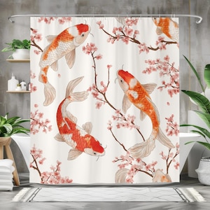 Koi Fish and Cherry Blossom Shower Curtain, Waterproof Fabric Bath Curtain, Japanese Art-Inspired Bathroom Decor Zen Floral Bathroom Curtain