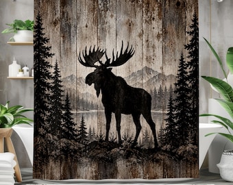 Moose Shower Curtain, Rustic Woodland Bathroom Decor, Moose Silhouette Forest Art, Mountain Cabin Bath Curtain, Lodge Wildlife Decor
