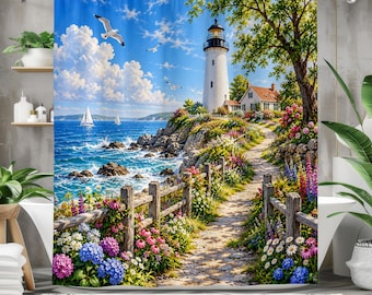 Coastal Lighthouse Shower Curtain, Seaside Garden Bathroom Decor, Ocean Pathway Landscape, Nautical Cottagecore Bath, Beach House Art