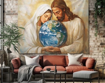Jesus Christ Tapestry Sacred Earth and Divine Love Wall Hanging - Religious Art Tapestries - Christian Spiritual Art Decor for Home