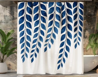 Blue Leaf Shower Curtain, Minimalist Botanical Bathroom Decor, Modern Nature Inspired Curtain, Elegant Vine Print for Spa Aesthetic