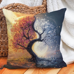 Yin Yang Tree of Life Throw Pillow – Dual Seasons Art Cushion with Sunrise & Moonlight – Nature-Inspired Decor for Balance and Serenity