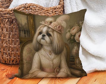 Viktorianischer Shih Tzu Kissenbezug, Elegantes Hündin Portrait, Vintage Regency Hundedekor, Shih Tzu Liebhaber Geschenk, Cottagecore Kissen