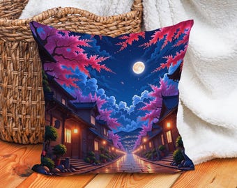 Funda de almohada japonesa estilo Ghibli con flores de cerezo y luna llena, cojín de paisaje nocturno de ensueño, decoración del hogar con estética anime.