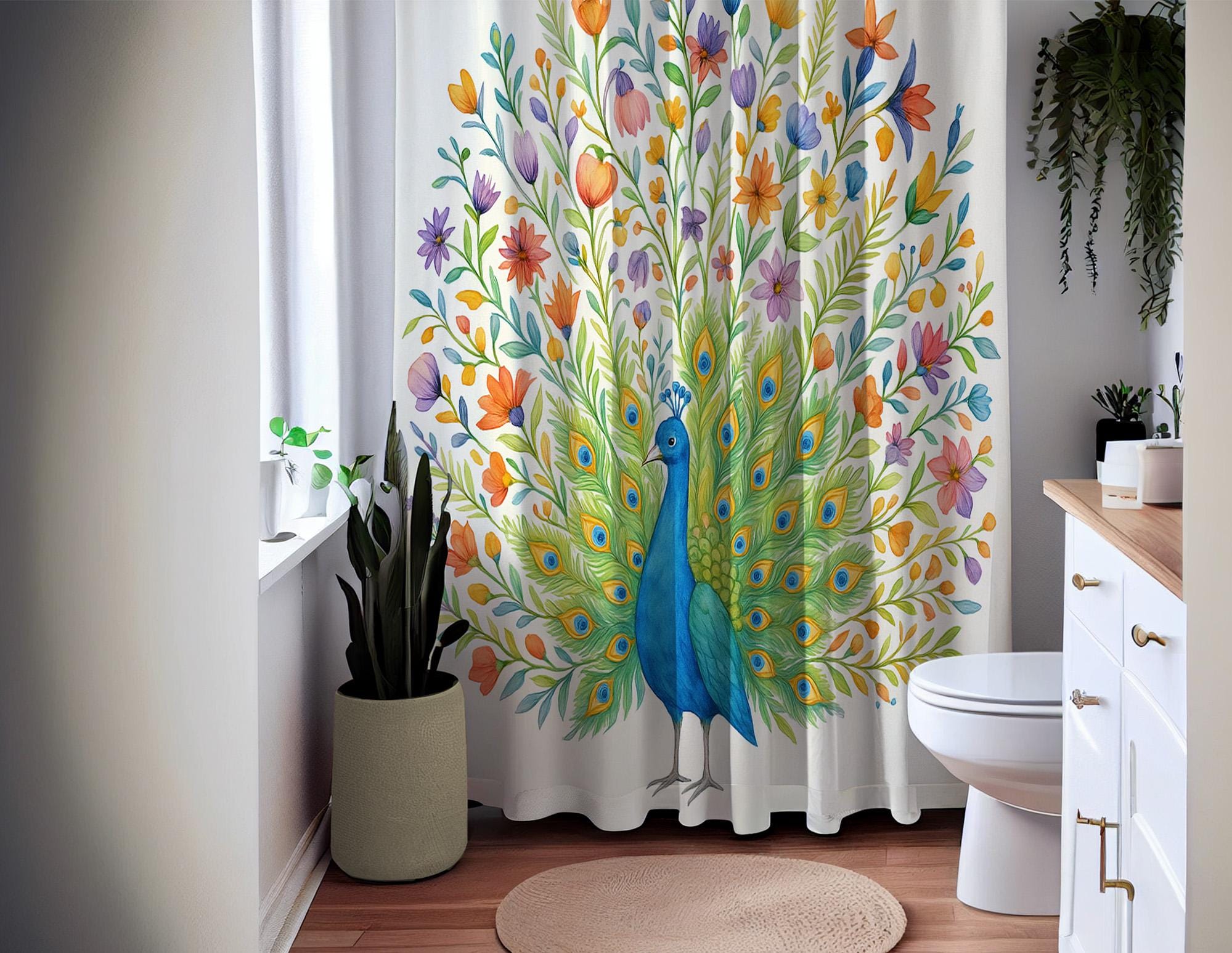 Peacock Shower Curtain - Asian Floral Bird Pattern Polyester Fabric Bathroom Set With Hooks, 70x70 Inch - View #2