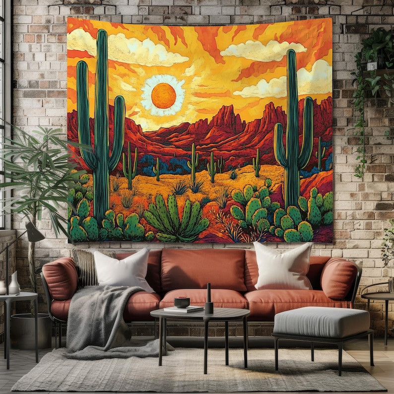 Desert Cactus Wall Tapestry, Southwestern Sunset Tapestry, Boho Wall Hanging, Saguaro Cactus Art, Colorful Western Decor, Nature Wall Art