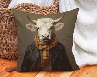 Quirky Cow Throw Pillow Cover, Cotton Linen Animal Cushion, Funny Cow Pillowcase with Scarf, Decorative Farmhouse Pillow for Home Decor