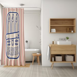 Sardin duschdraperi – Retro rosa ränder och marinblå popkonstdesign, vattentätt polyestertyg, rolig badrumsdekor, flera storlekar bild 6