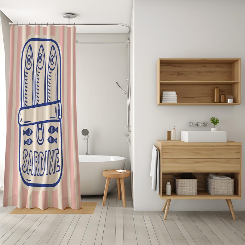 Sardin duschdraperi – Retro rosa ränder och marinblå popkonstdesign, vattentätt polyestertyg, rolig badrumsdekor, flera storlekar bild 6