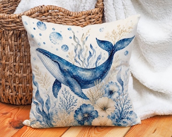 Watercolor Whale Pillow Cover, Blue Ocean Cushion, Coastal Marine Life Throw Pillow, Nautical Sea Decor, Beach House Whale Lover Gift