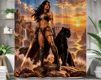 Fantasy Warrior Girl Shower Curtain, Black Panther Desert Art, Sword Maiden Bathroom Decor, Epic Fantasy Goddess Bath Curtain